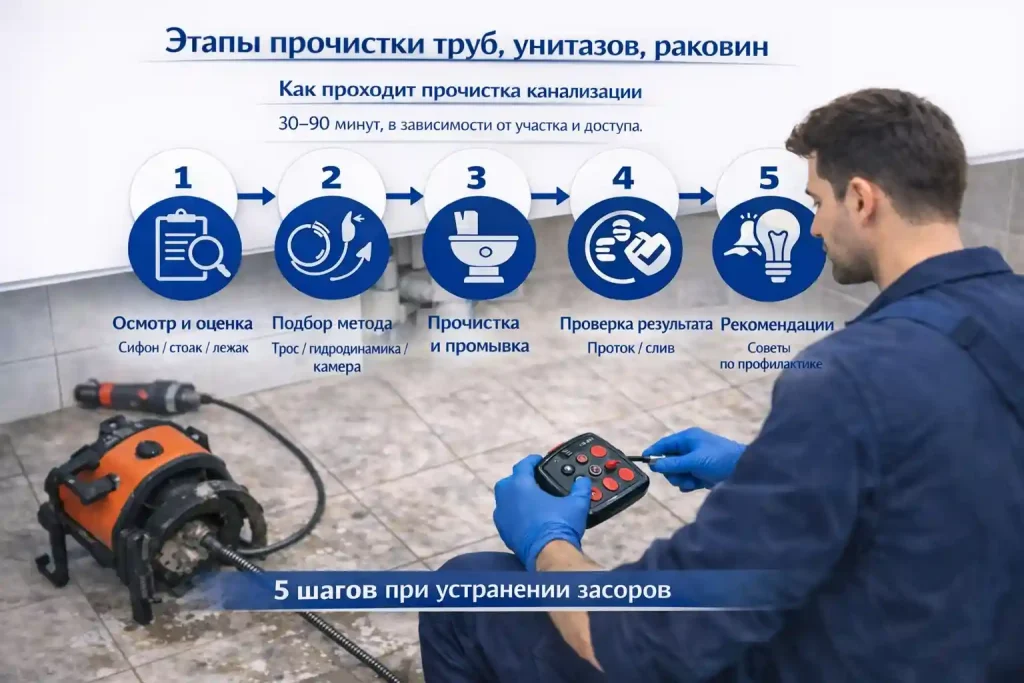 Этапы прочистки труб, унитазов и раковин в Калуге — 5 шагов: осмотр, подбор метода, прочистка, проверка, рекомендации