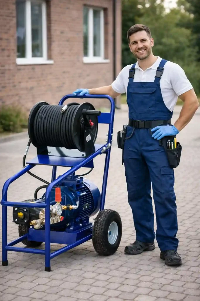 Мастер рядом с гидродинамической машиной для прочистки канализации в Калуге