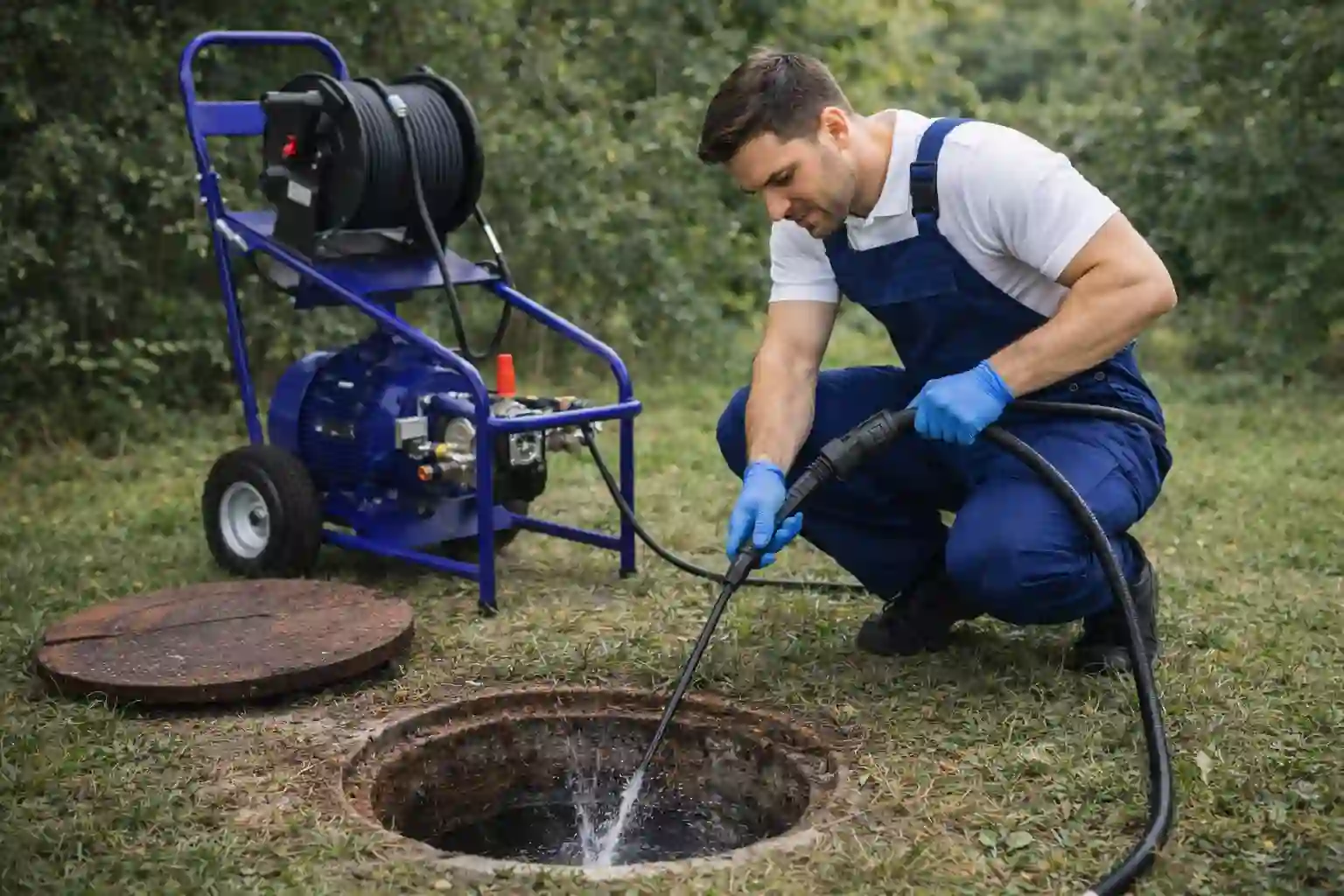 Мастер прочищает наружную канализацию гидродинамической установкой через колодец