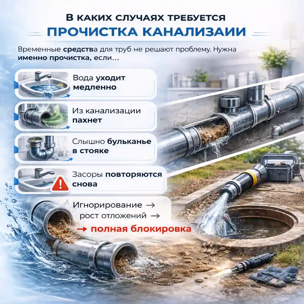Инфографика: когда нужна прочистка труб канализации — медленный слив, запах, бульканье в стояке, повторные засоры
