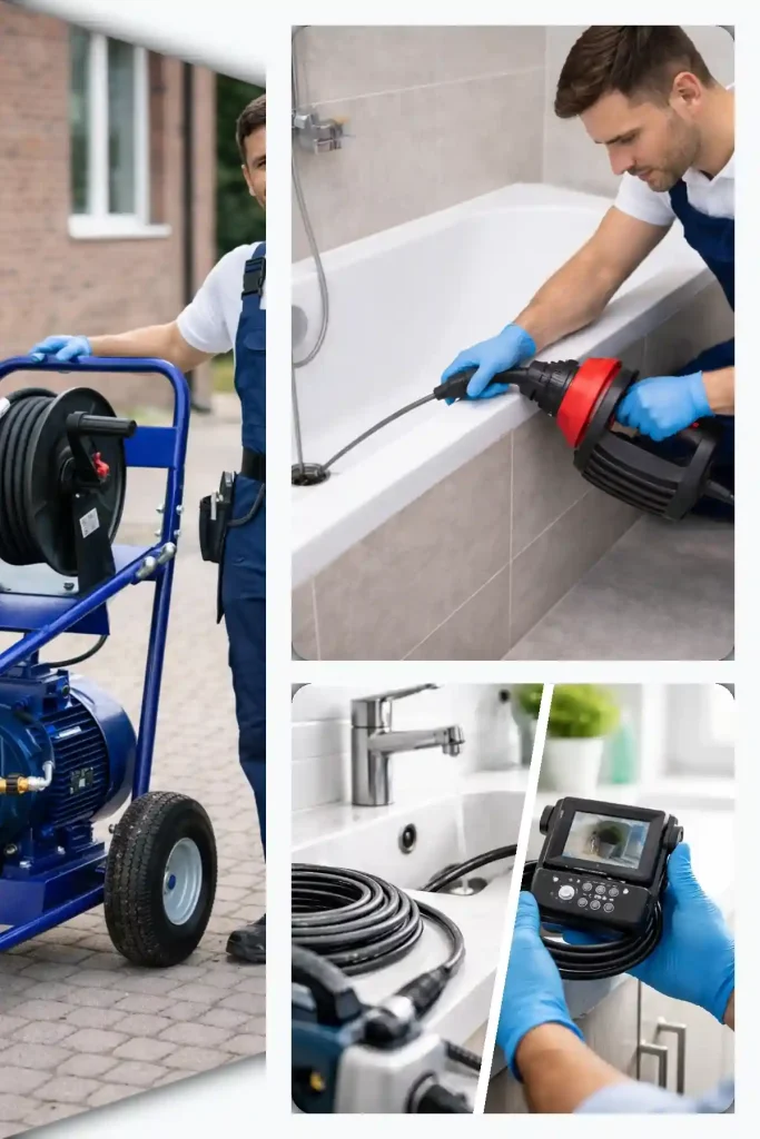 Коллаж: методы устранения засоров в Калуге — трос, гидродинамика, видеодиагностика