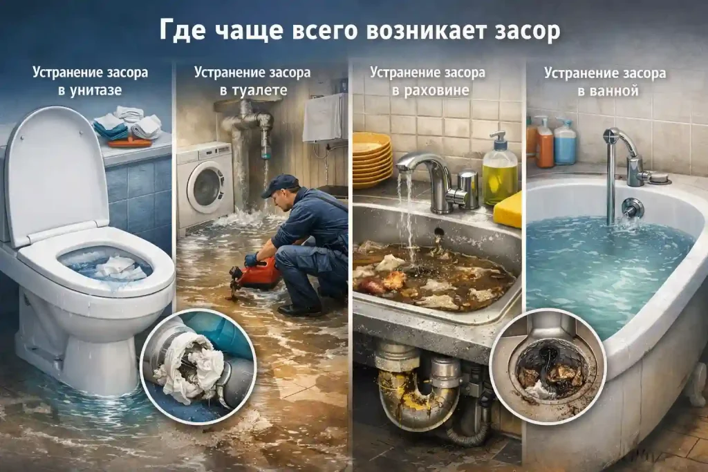 Где чаще всего возникает засор: унитаз, туалет/санузел, раковина и ванна — типичные причины засоров