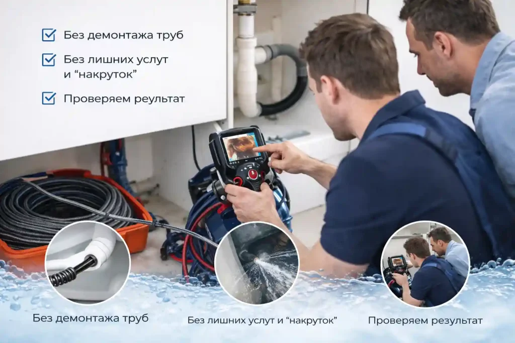 Наш подход: мастер подбирает методы устранения засоров в унитазе, раковине, умывальнике— трос, гидродинамика и видеодиагностика (Калуга)