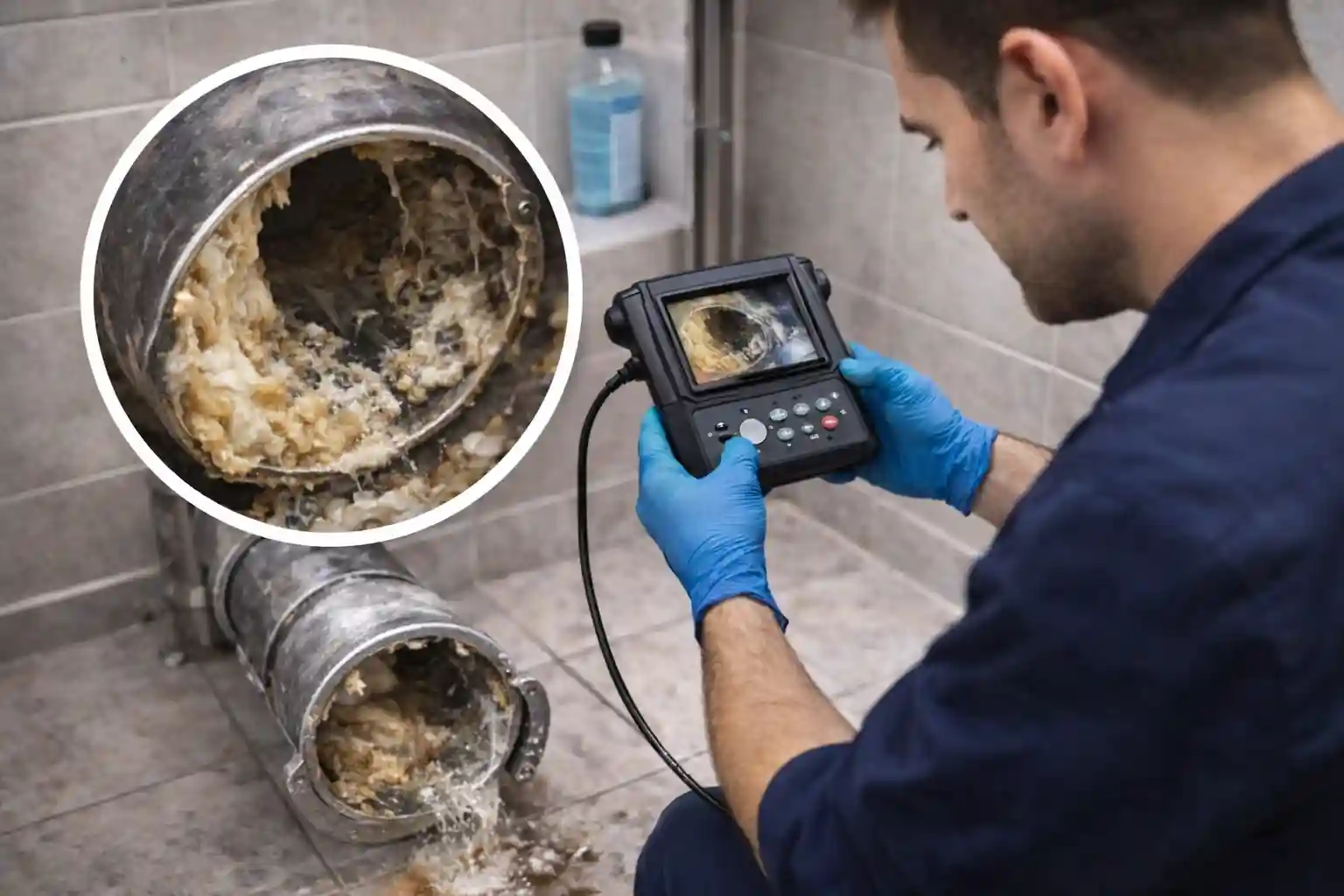 Повторные засоры: мастер выполняет диагностику, чтобы найти причину