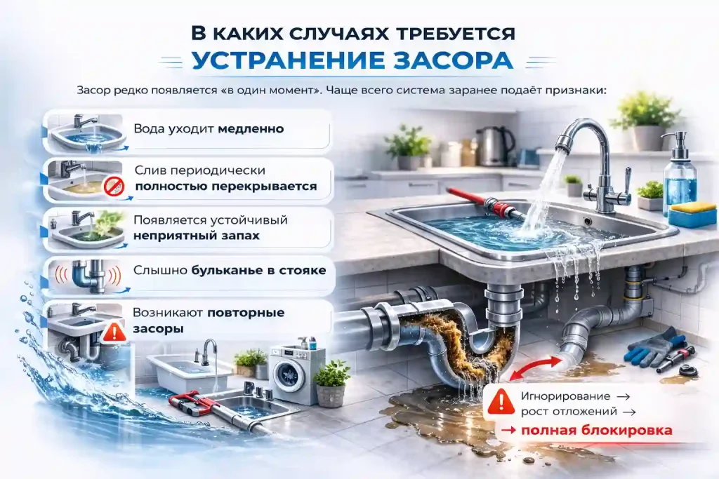 Признаки засора канализации: вода уходит медленно, запах из труб, бульканье в стояке, повторные засоры