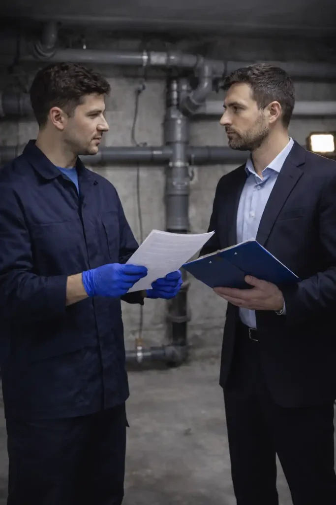 Прочистка канализации для организаций в Калуге — мастер и представитель компании согласуют работы и документы в подвале, видна разводка труб