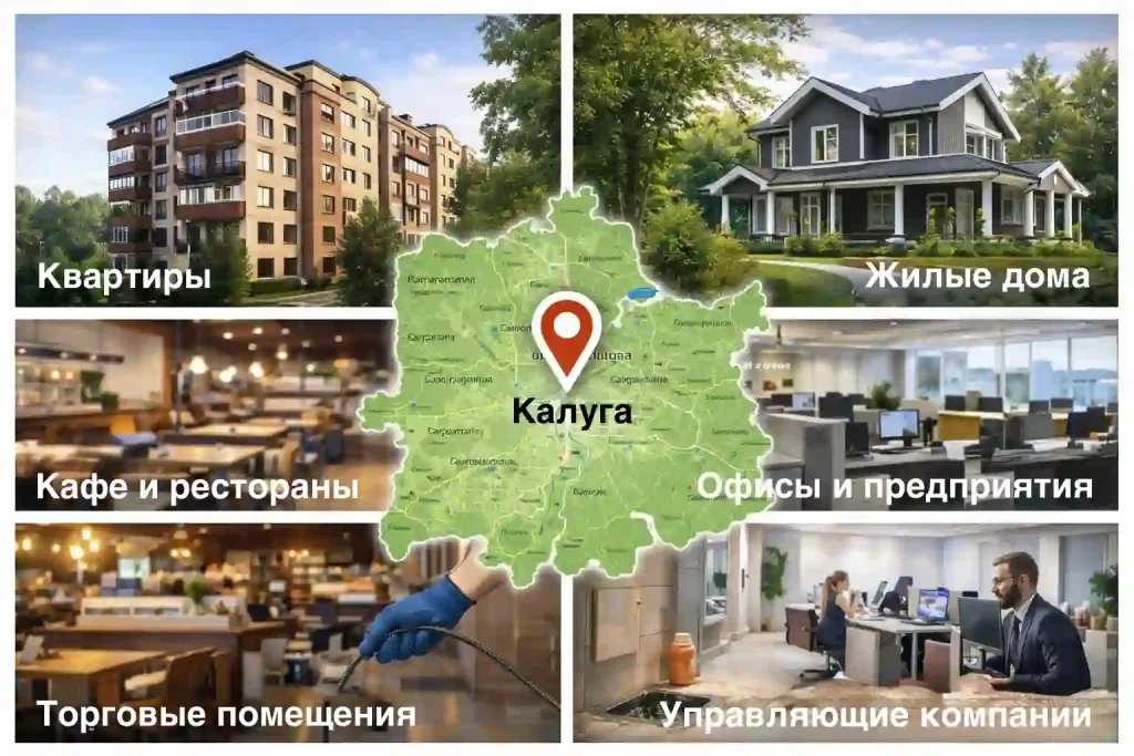 Где мы работаем: прочистка канализации в Калуге и области — квартиры, частные дома, кафе, офисы, торговые помещения, управляющие компании