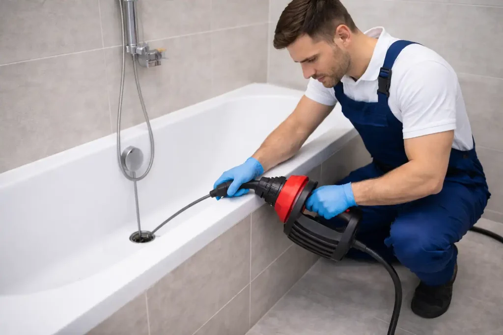 Мастер прочищает лежак в ванной тросом — устранение засора в канализации