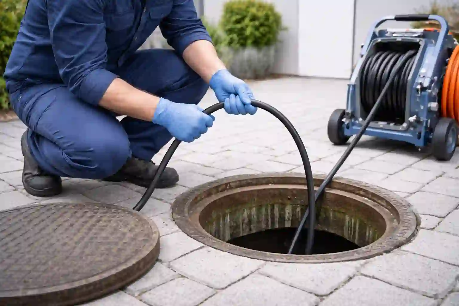 Наружная канализация: прочистка через колодец, шланг опущен внутрь