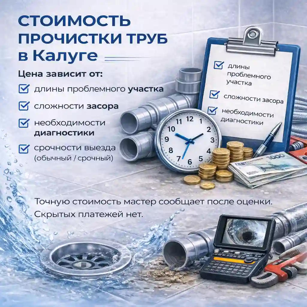 Стоимость прочистки труб в Калуге: от чего зависит цена — длина участка, сложность засора, диагностика и срочность выезда
