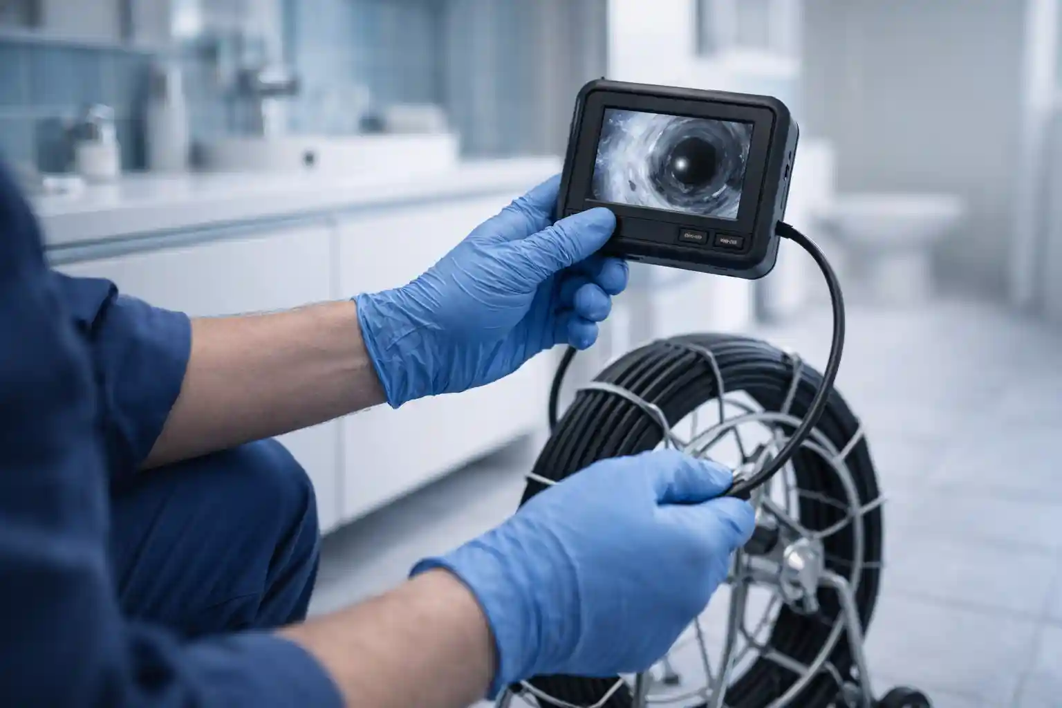 Видеодиагностика труб: мастер проводит осмотр труб камерой с монитором