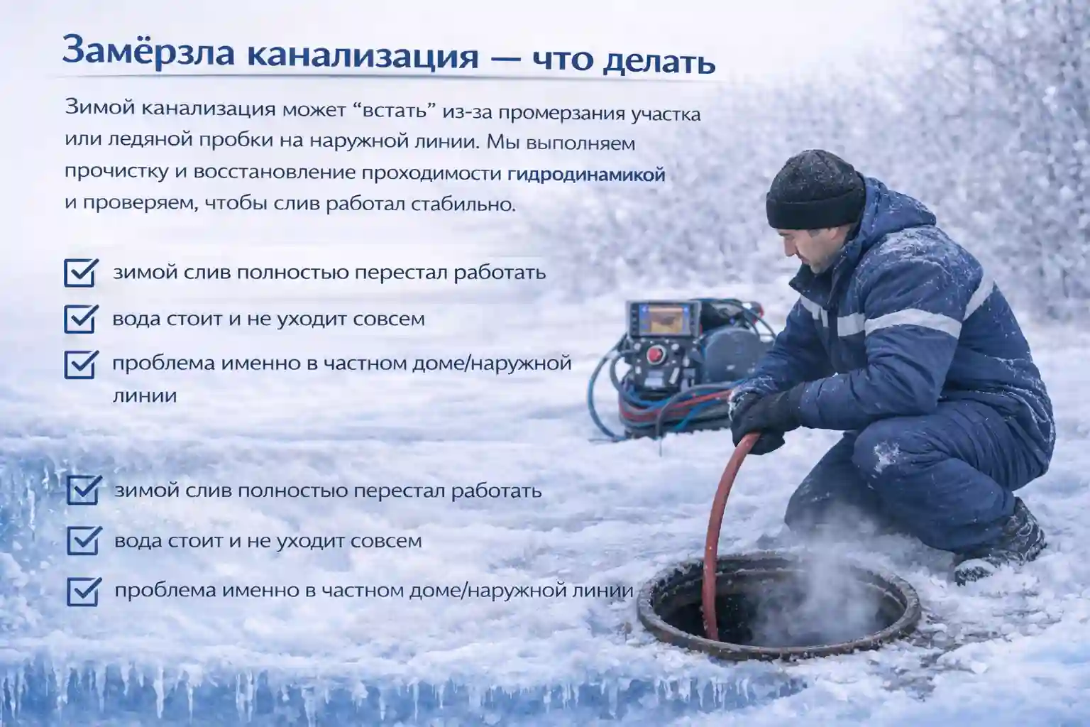 Замёрзла канализация в Калуге — мастер выполняет прочистку наружной линии через колодец, пар из колодца, восстановление проходимости