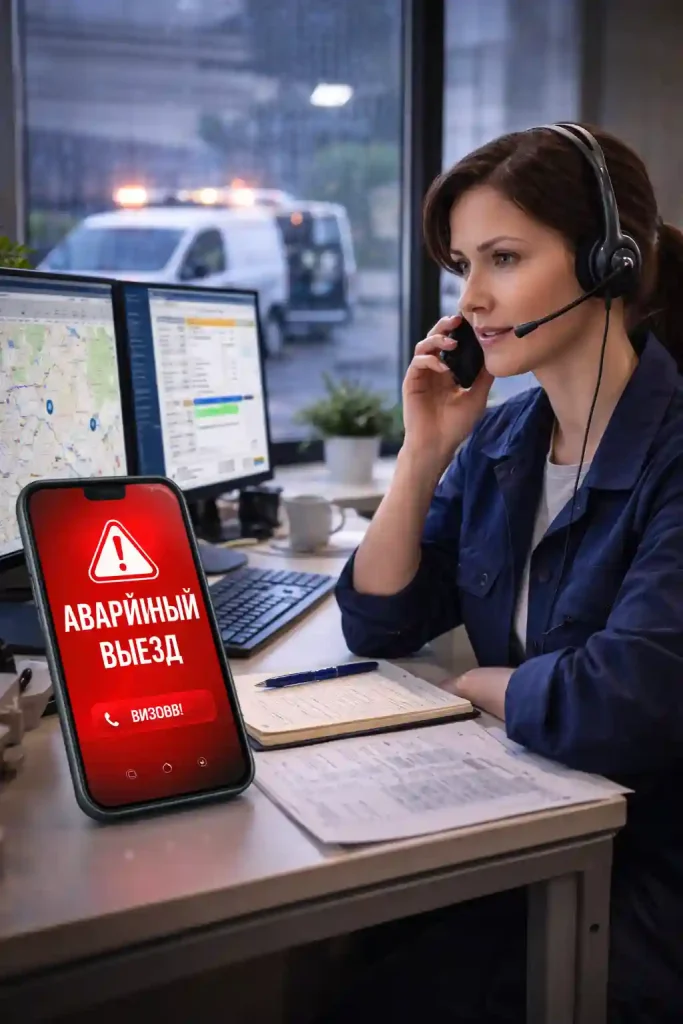 Аварийные выезды 24/7 для организаций в Калуге — диспетчер принимает заявку и оформляет выезд, на экранах карта и задачи