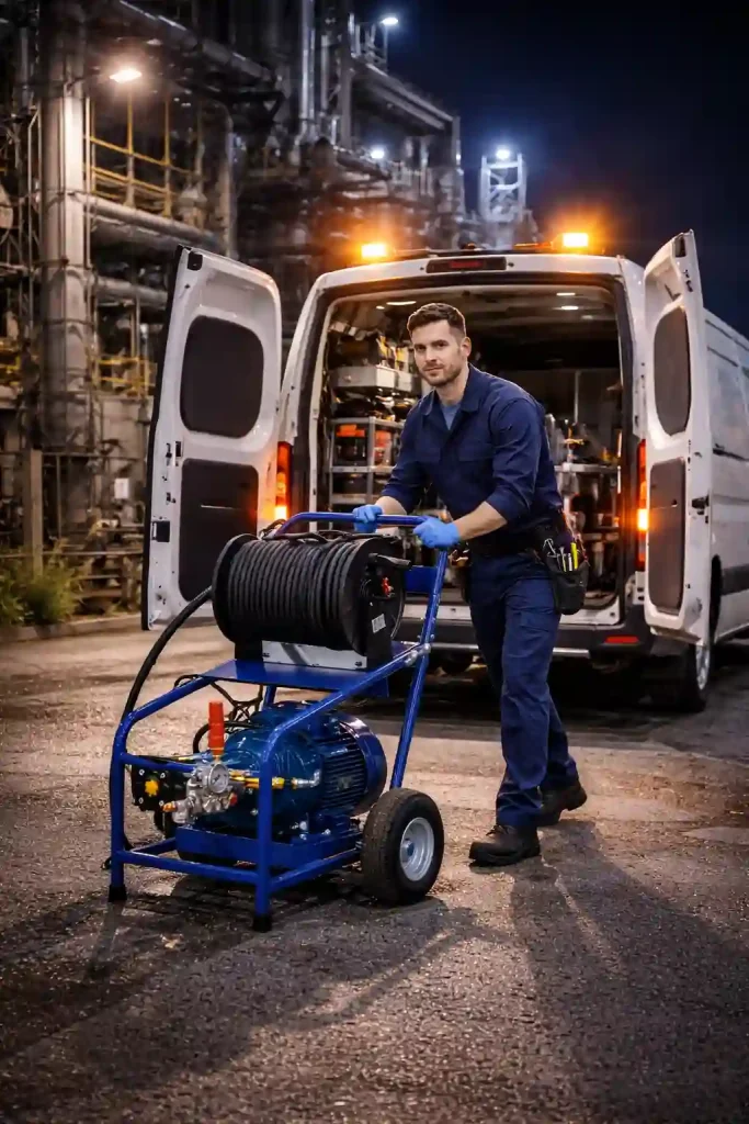 Аварийный выезд 24/7 в Калуге для организаций — мастер выгружает гидродинамическую установку из сервисного фургона на территории завода ночью