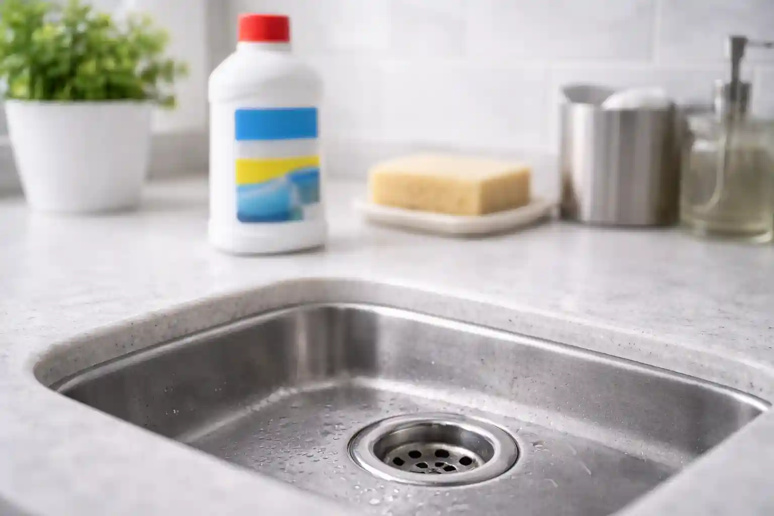 Средство от засора и слив раковины на светлой кухне — обложка статьи про бытовую химию
