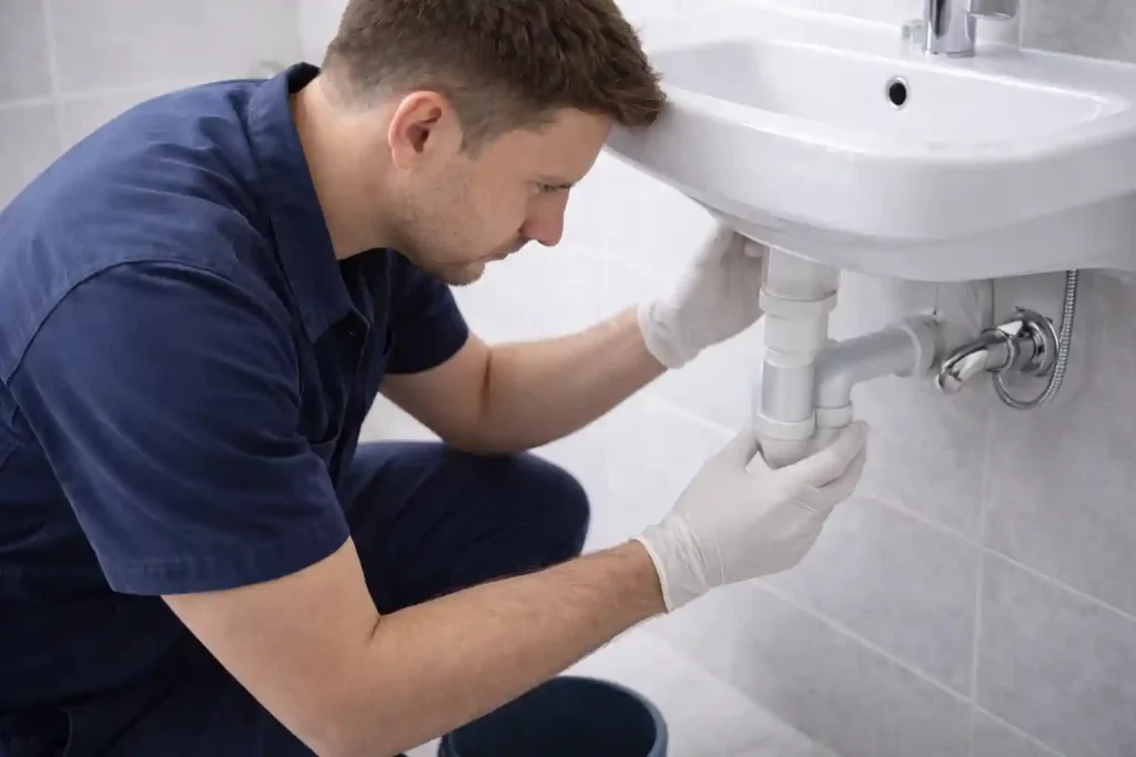 Мастер в перчатках осматривает сифон под раковиной после неудачной попытки прочистки бытовой химией