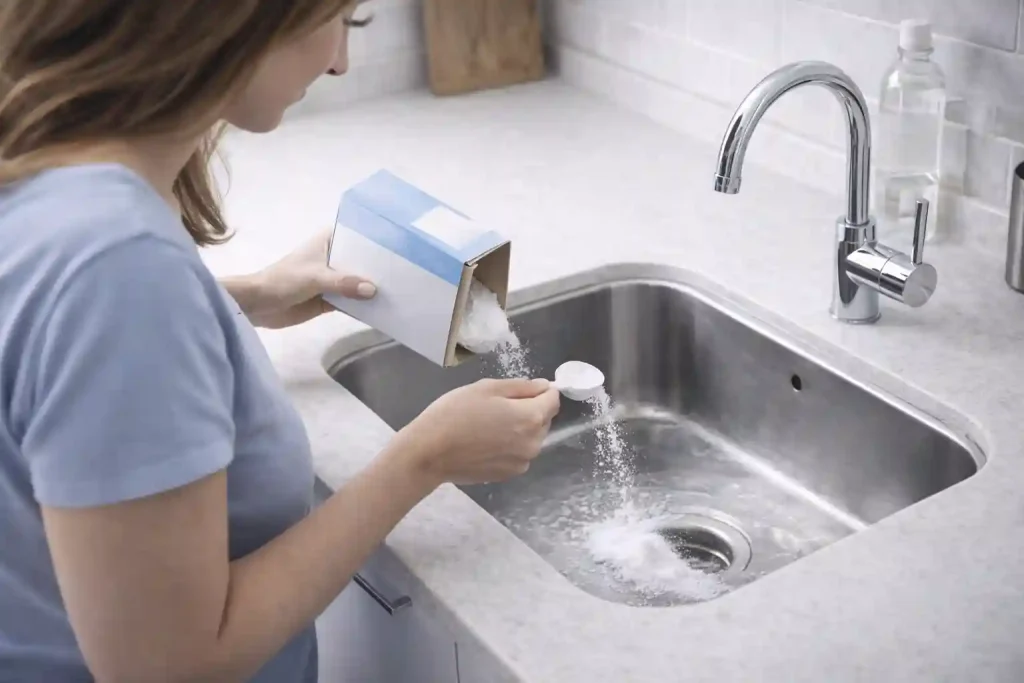 Домохозяйка сыпет соду в слив кухонной раковины — домашний способ при лёгком засоре