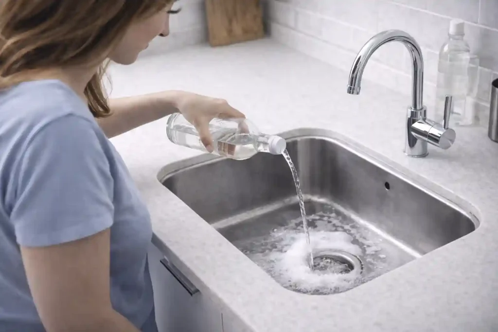 Домохозяйка заливает уксус в слив кухонной раковины после соды — домашний способ при лёгком засоре