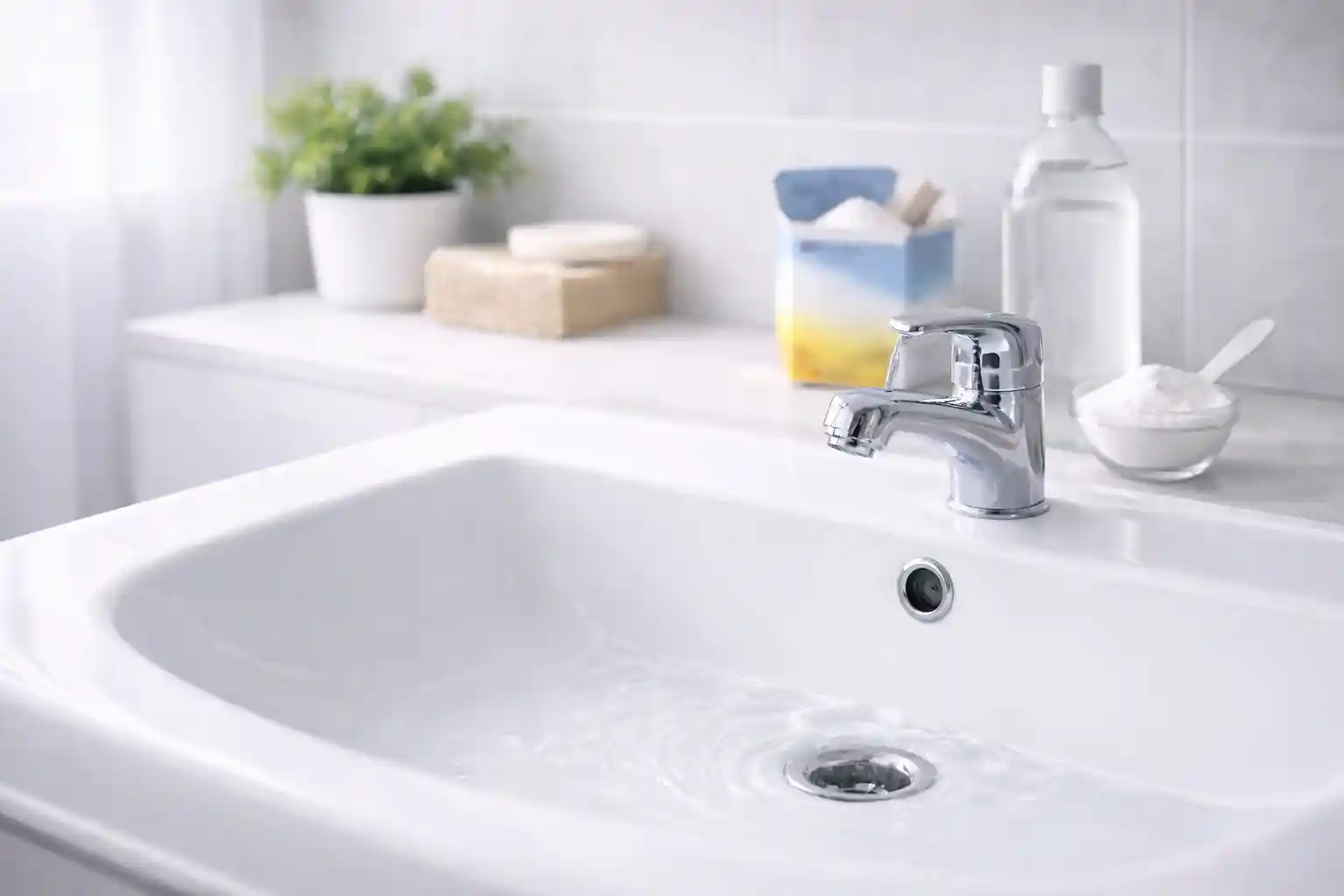 Сода и уксус от засора — чистая раковина и домашние средства на заднем плане, без брендов