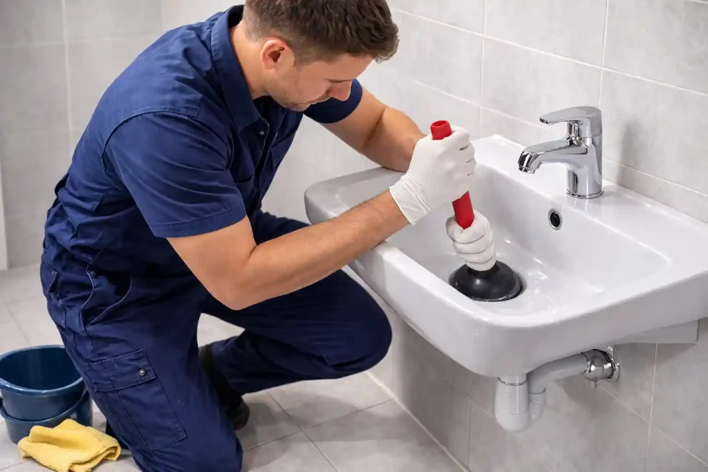 Мастер прочищает слив вантузом — чистая сцена в ванной, безопасный способ при лёгком засоре