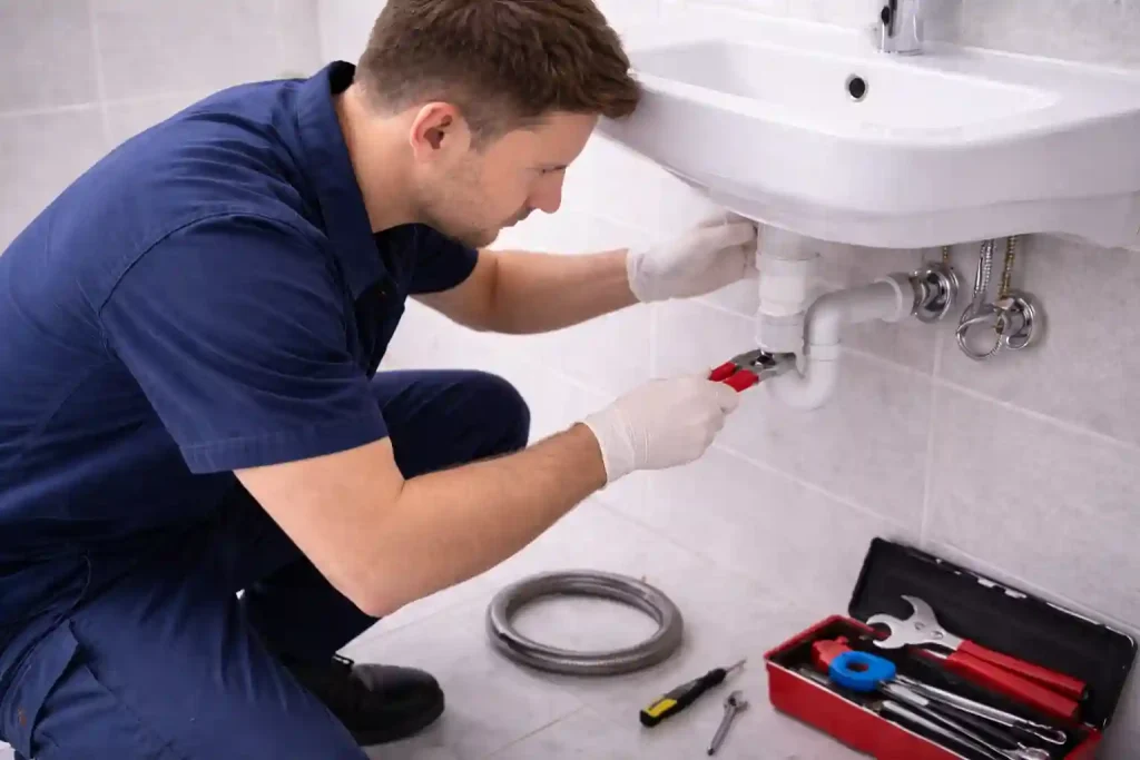 Мастер выполняет прочистку у раковины или ванны после неудачных домашних попыток