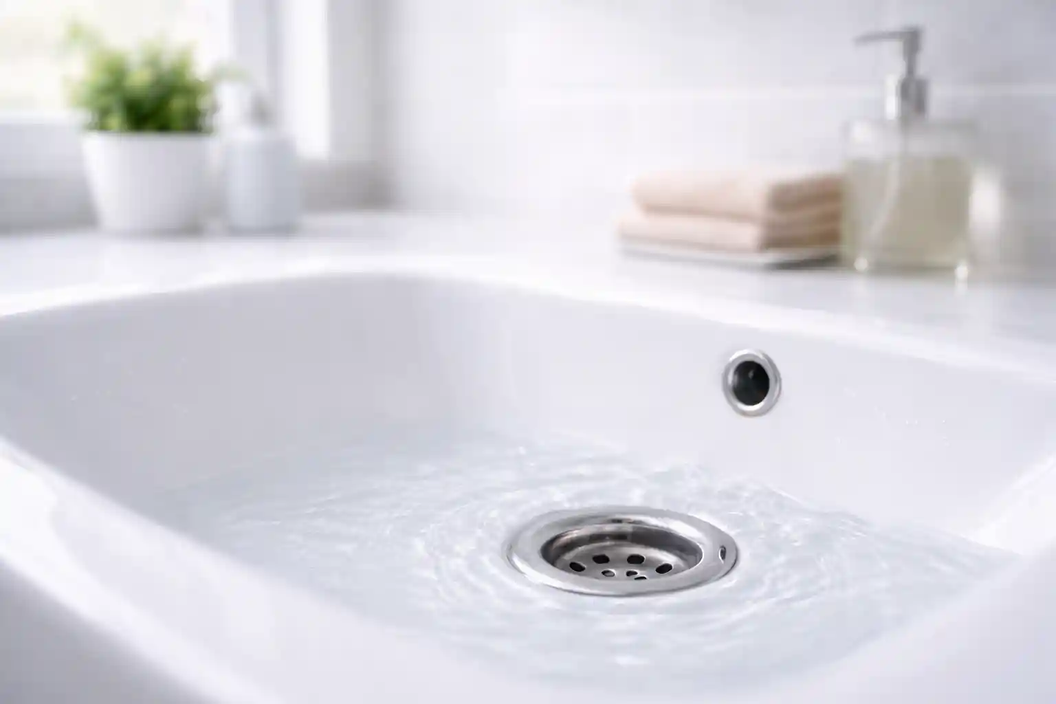 Засор в ванной или раковине — чистый слив в светлой ванной как обложка статьи