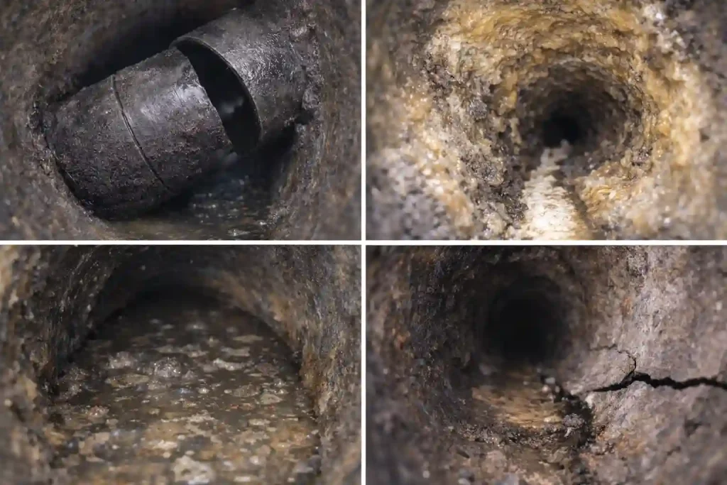 Что позволяет выявить видеодиагностика труб в Калуге — коллаж: смещение, отложения, провис и трещина