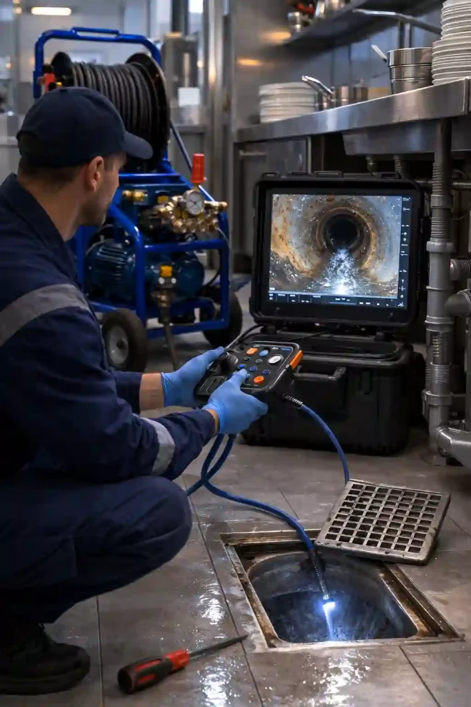 Диагностика канализации для организаций — видеодиагностика труб камерой у трапа на кухне, поиск причины повторных засоров