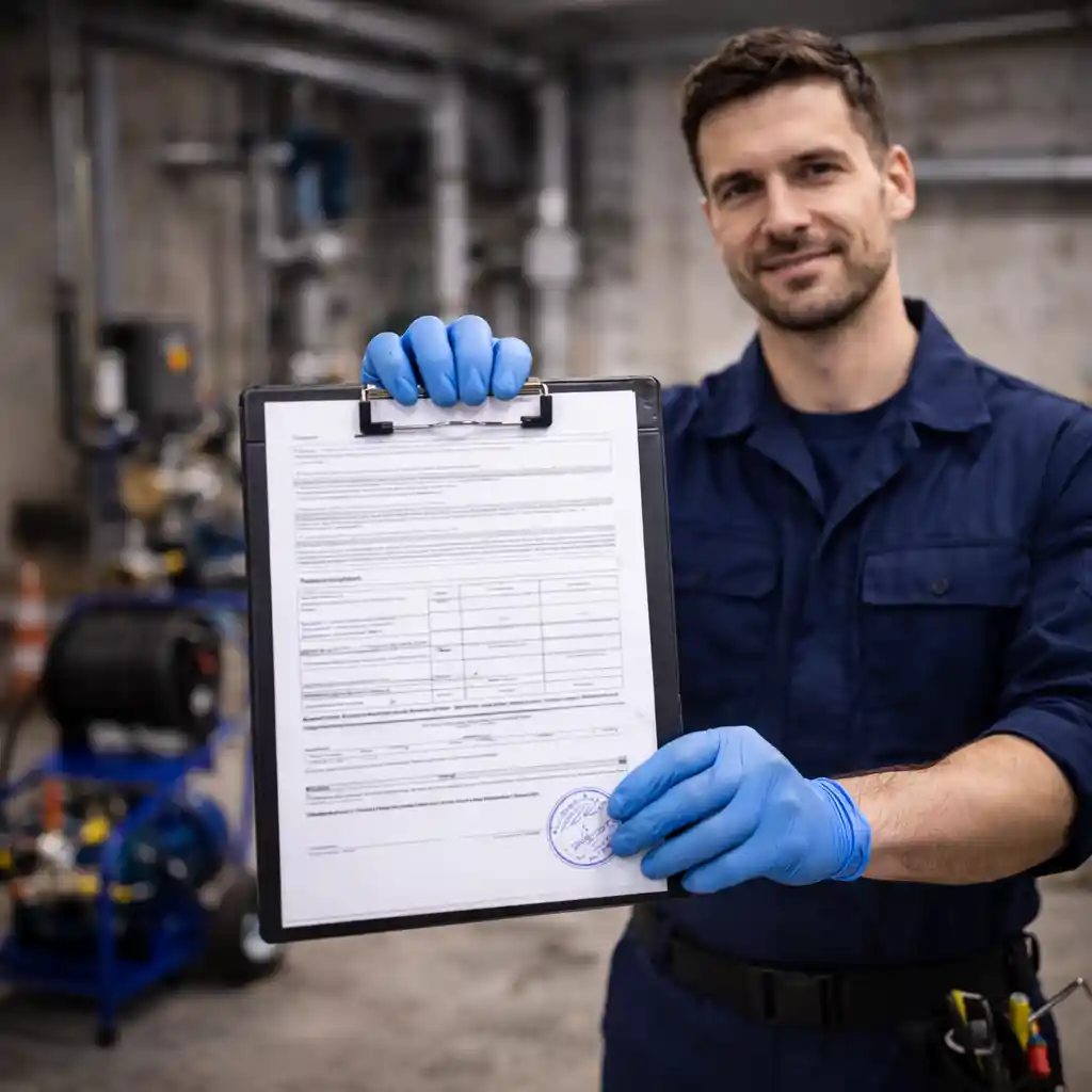 Документы для организаций в Калуге — мастер показывает акт выполненных работ по прочистке канализации, договор и закрывающие документы