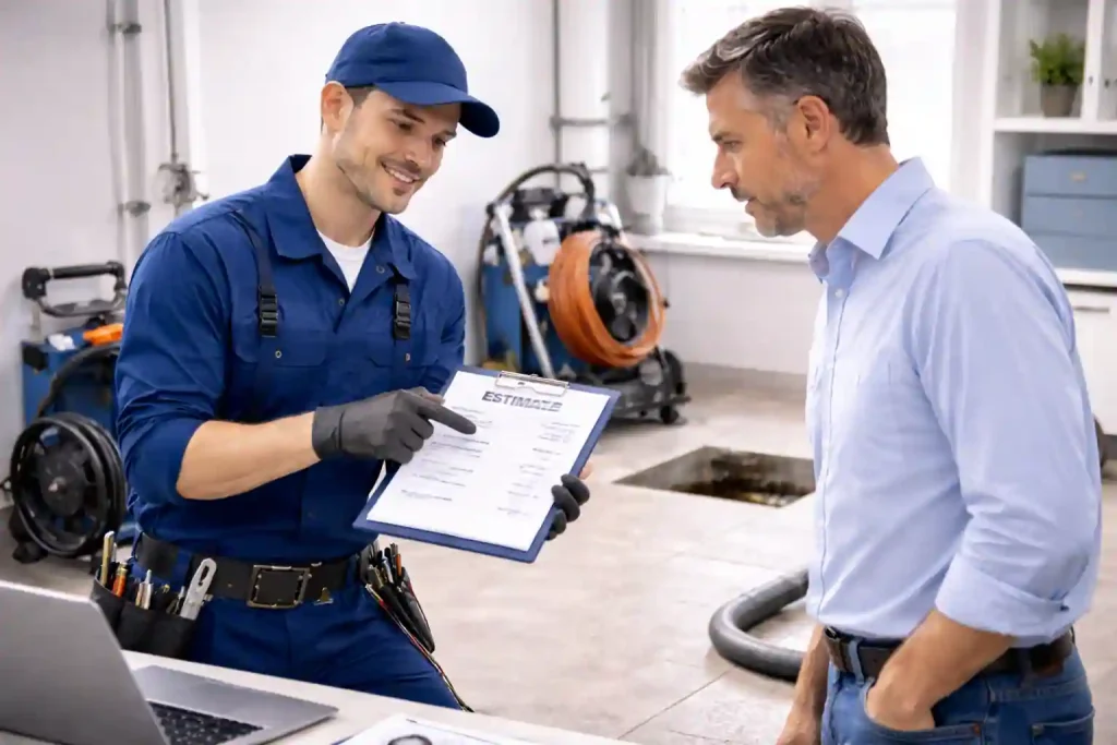 Как проходит расчёт и работа — сантехник показывает заказчику смету на прочистку канализации в Калуге, согласование стоимости без накруток