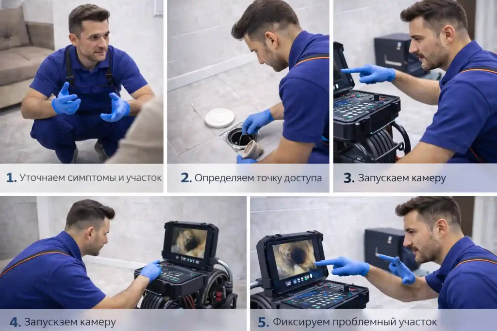 Как проходит видеодиагностика труб в Калуге — 5 этапов: уточнение симптомов, выбор точки доступа, запуск камеры, фиксация проблемного участка, рекомендации
