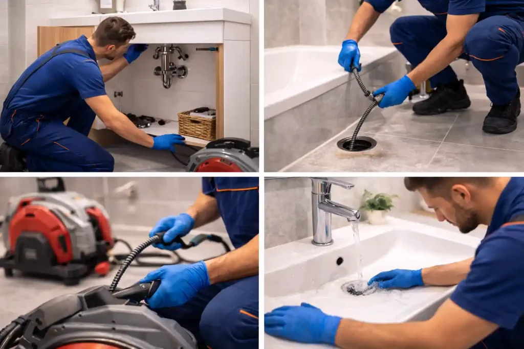 Как выполняется механическая прочистка тросом в Калуге — этапы: осмотр, ввод троса, работа машиной и проверка слива