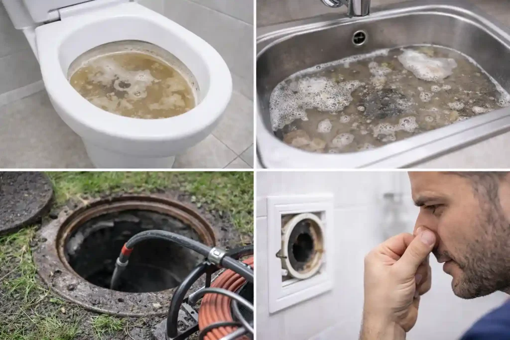 Когда необходима видеодиагностика труб в Калуге — коллаж: повторные засоры, неприятный запах, наружная линия с колодцем и ревизия