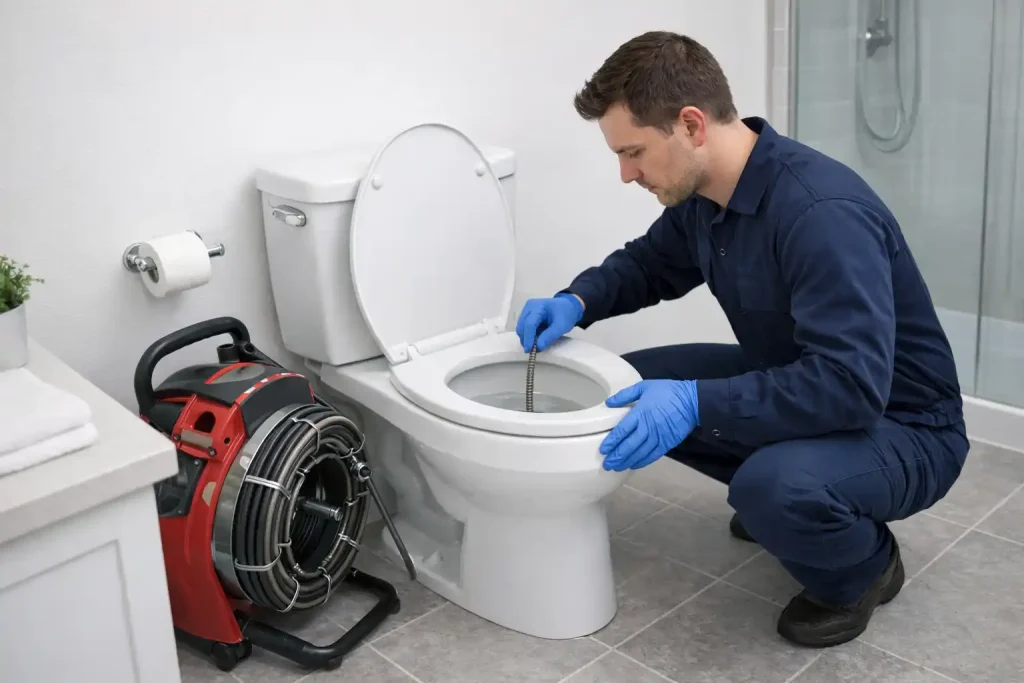 Мастер по прочистке канализации осматривает засор в унитазе