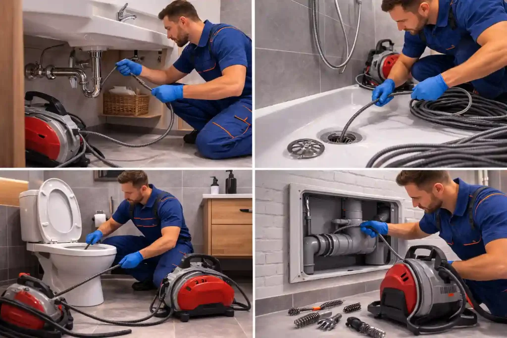 В каких случаях подходит прочистка тросом в Калуге — коллаж: раковина/сифон, ванна, унитаз и ревизия на трубе