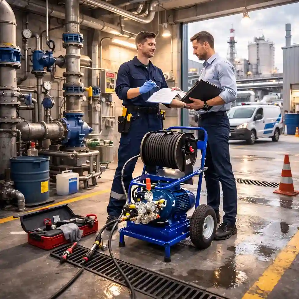 Обслуживание канализации по договору в Калуге — мастер и представитель организации согласуют акт и регламент работ, на фоне оборудование для прочистки