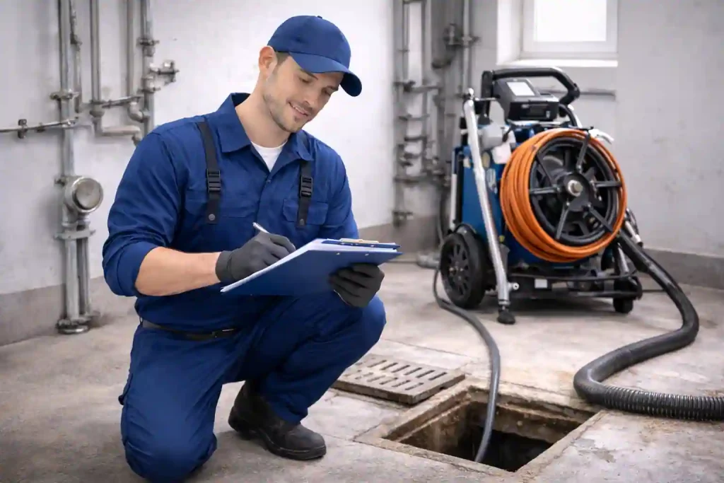 От чего зависит цена на прочистку канализации в Калуге — сантехник с клипбордом оценивает участок, рядом гидродинамическая установка и доступ к коммуникациям