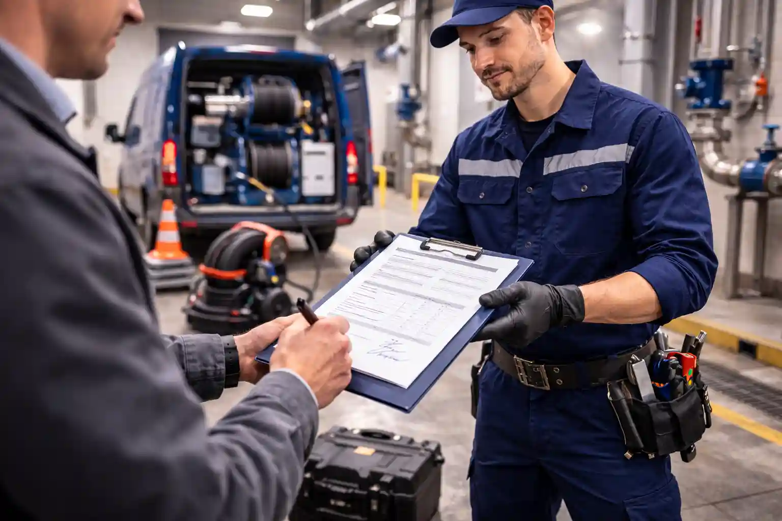 Отчётность и документы для бизнеса в Калуге — мастер передаёт акт выполненных работ по разовой прочистке канализации на подпись представителю объекта