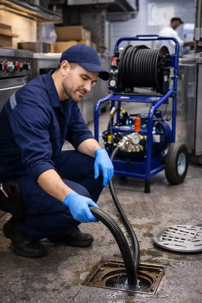 Плановые работы по обслуживанию канализации для организаций — мастер промывает трап на кухне ресторана гидродинамикой, профилактика засоров