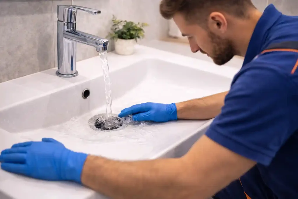 Преимущества механической прочистки тросом в Калуге — мастер проверяет результат, вода быстро уходит в слив раковины