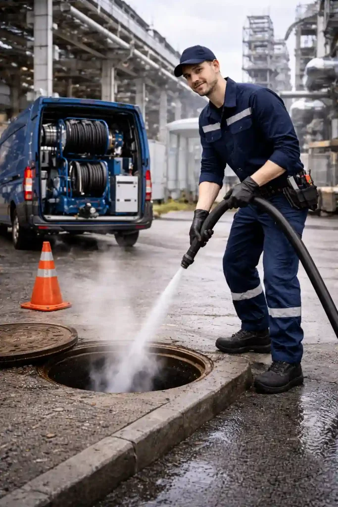 Промывка канализации для бизнеса в Калуге — гидродинамическая промывка на заводе через колодец профессиональной установкой