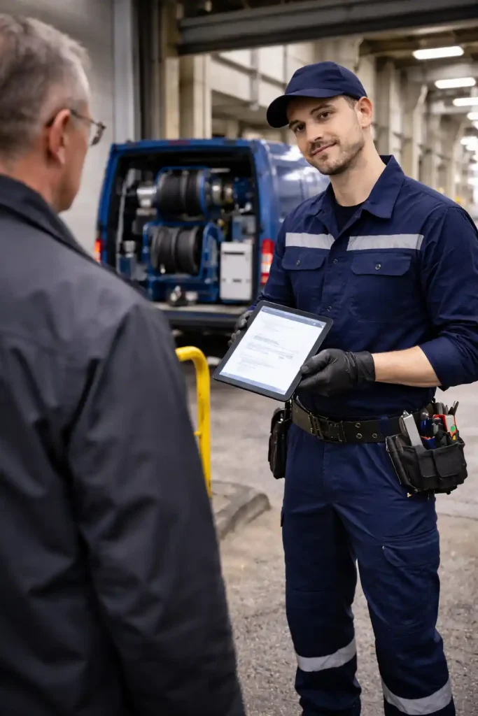 Разовая прочистка канализации для бизнеса — мастер согласует допуск и показывает заявку на планшете ответственному на объекте