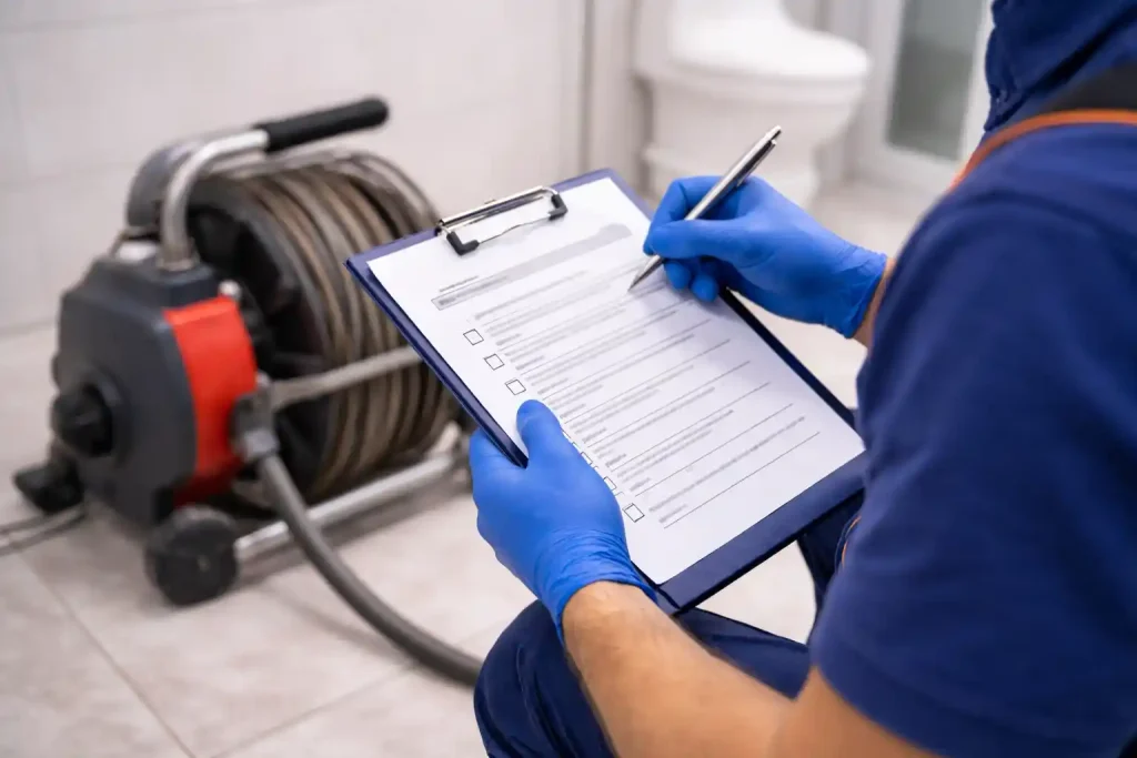 Стоимость прочистки тросом в Калуге — мастер заполняет смету и чек-лист, рядом оборудование для механической прочистки