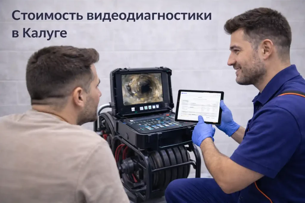Стоимость видеодиагностики труб в Калуге — мастер показывает заказчику расчёт на планшете рядом с оборудованием для обследования канализации