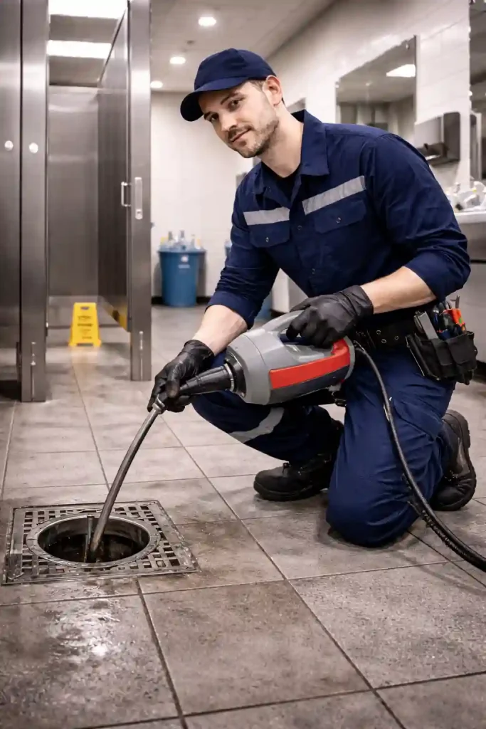 Устранение засора для бизнеса в Калуге — мастер прочищает канализацию в общественном санузле профессиональным тросом/электротросом