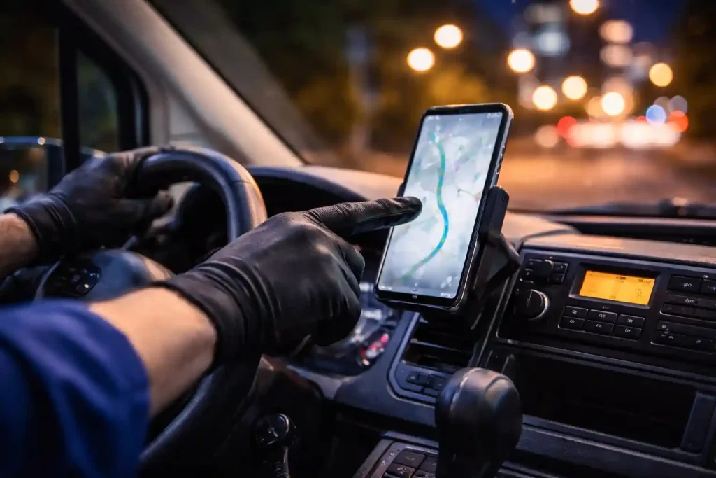 Время прибытия по Калуге — мастер выезжает на аварийную прочистку, навигация в сервисном фургоне и построенный маршрут